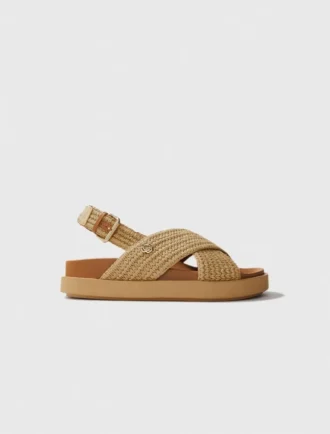 Flache Sandalen in Raffia-Optik